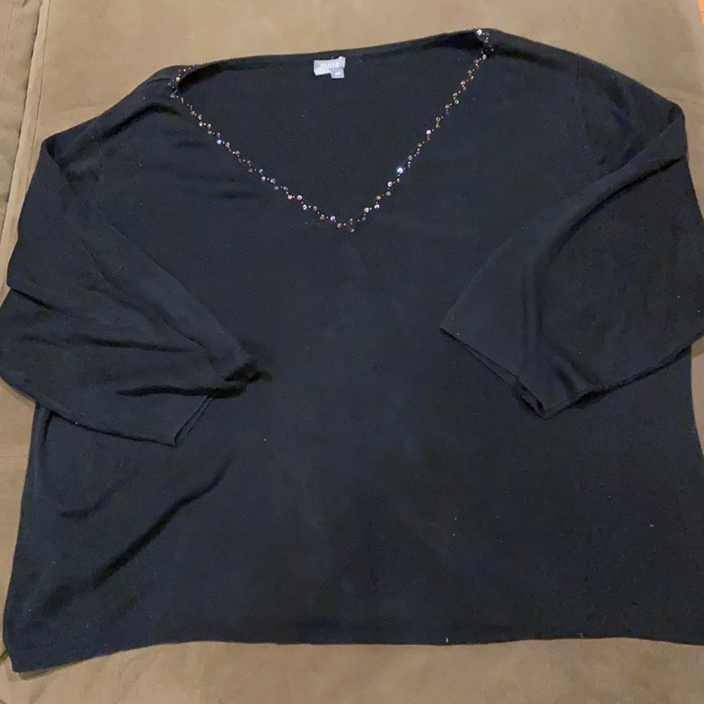 Muse Black Silk V-neck Sweater w/ Rainbow Sequins and Tiny Seed Beads at Neck